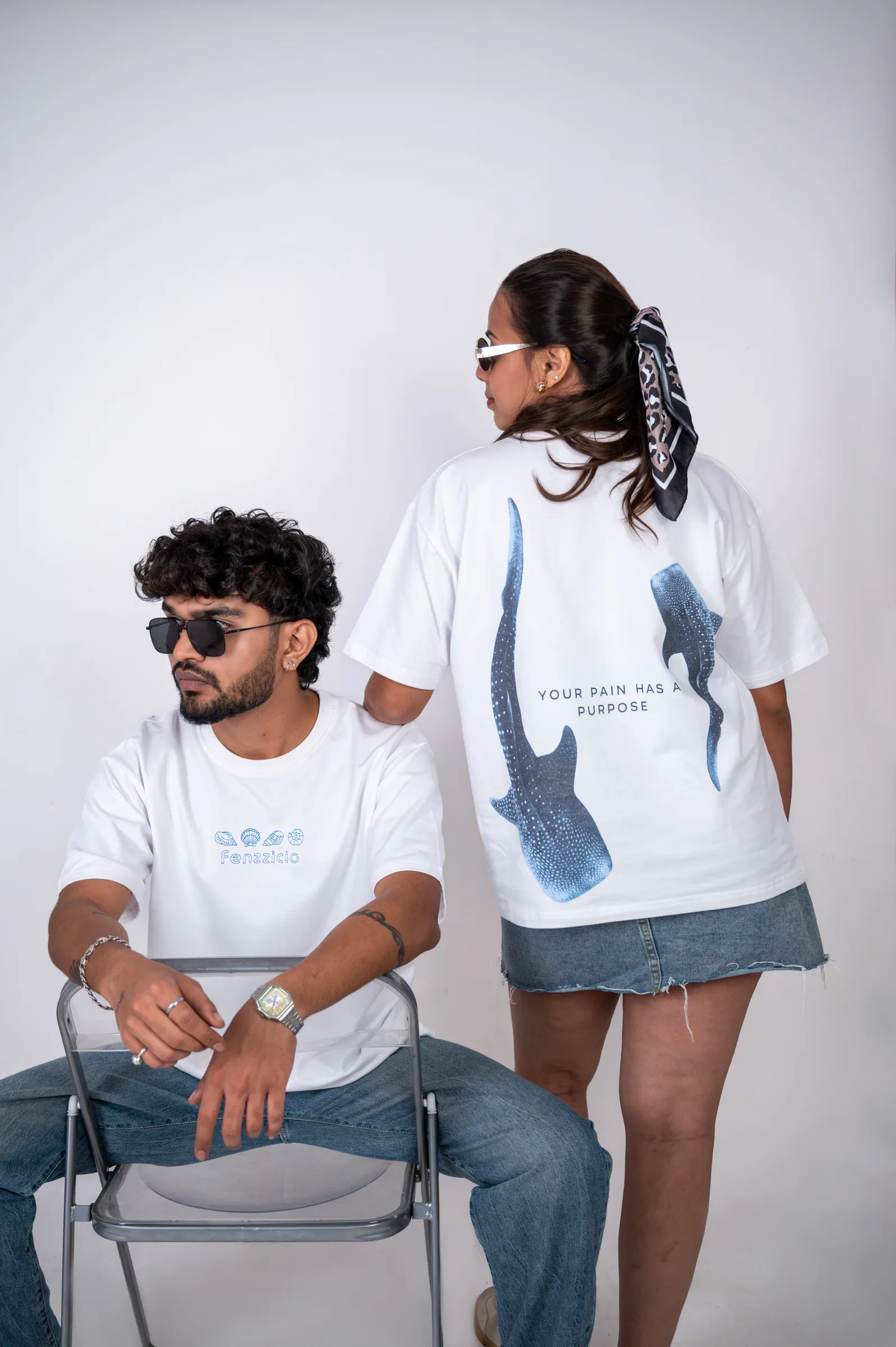 Two models in The Whale Theory Tee, front seashell embroidery and back whale print